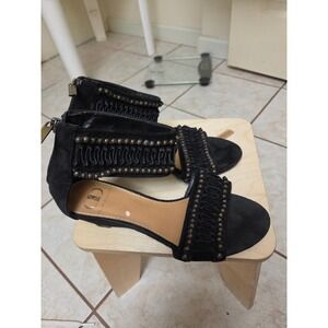 Kelsi Dagger Bowen Black Suede Studded Wedge Sandals Womens 8.5M Boho Ankle Cuff